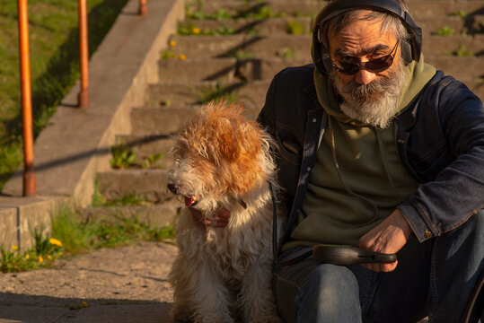 Senior Male Music Fan Listens To A Melody With His Dog In Headphones While Sitting Outside On A Bright Sunny Day.