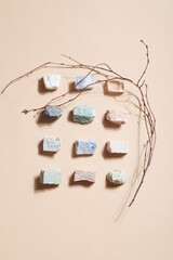 many crystal minerals on beige background. magic rock for crystal ritual, witchcraft, spiritual practice and meditation