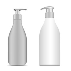 Hand sanitizer bottle. Cosmetic shampoo pump bottle. Liquid soap, gel container. Face lotion beauty product blank with batcher. Vector container sample, realistic design. Medicine pack