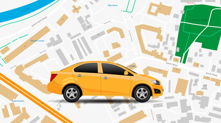 Taxi car vector app. City map gps location, top vew. Car rent mobile service, internet banner. Modern online vehicle rental technology, yellow taxi illustration concept. City street navigation