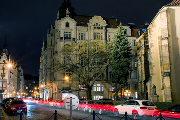 Nighty Prague's streets with its car lights trails. 