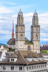 View of historic Zurich city center  on a summer day, Canton of Zurich, Switzerland.