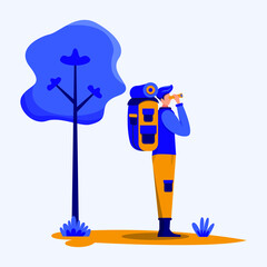 Vector stock character of backpacker man looking at binoculars to see the road, travel vector illustration.