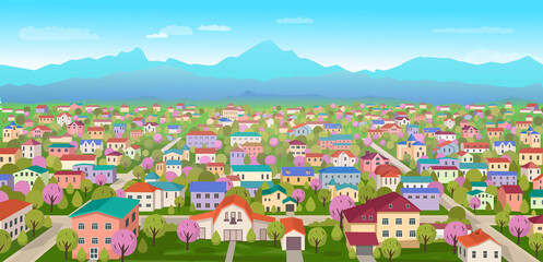  Suburban landscape.View of high-rise buildings and countryside.Cartoon vector illustration