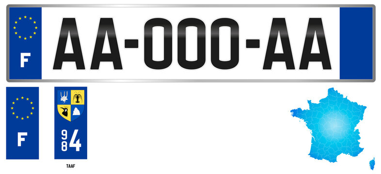 TAAF, French Southern and Antarctic Lands, France, french regional license plate template, detail of the side label of the department, vector illustration, example of numbering
