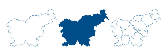 Slovenia map vector. High detailed vector outline, blue silhouette and administrative divisions map of Slovenia. All isolated on white background. Template for website, design, cover, infographics