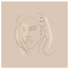 Elegant minimalist portrait continuous silhouette chalk art. Contemporary portrait. Pretty face. Flirts. Aesthetic contour. Avant garde style illustration. Trendy vector silhouette