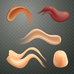 Set of realistic cosmetic cream smears. Skincare product of different body colors. Lotion smooth smear isolated vector texture on transparent background.