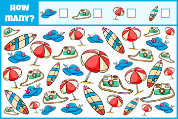 Educational mathematical game. Count the number of beach accessories. Count how many 
beach accessories. Counting game for children.