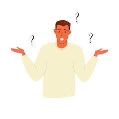 Fototapeta na wymiar Flat vector cartoon illustration of a puzzled or doubting man with question marks over his head. Problem solving and choice. The concept of frequently asked questions.
