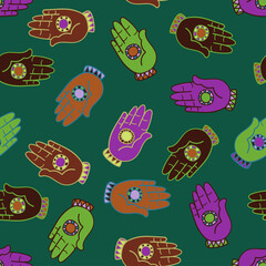 Vector colorful seamless pattern illustration of lined hands with circles in dark colors on green