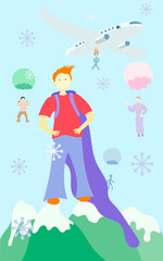 Bright, airy, fair illustration of young man standing on the top of green mountains with snowy peaks, white plane flying behind him and lots of people flying with their colourful parachutes