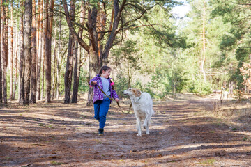 In the Spring forest on a bright sunny day, a girl hugs a Russian greyhound dog.