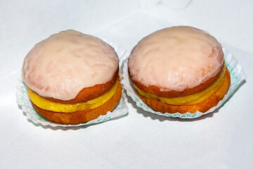 close-up of  fresh and tasty petit-fours on white backround. selective focus