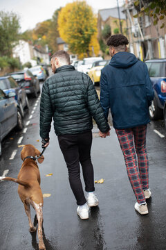 Gay Male Couple Holding Hands Walking Dog On Wet Street