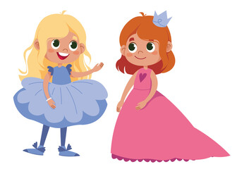 Vector two girls schoolgirls in elegant dresses are talking. Princess clothes. Fairies and magic children. Isolated on white background. Trending style and color. Illustration of two cute