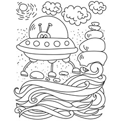 UFO with an alien on the seashore, coloring page with an aircraft on the seashore