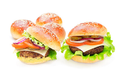 Cheeseburger isolated on a white background. Hamburger with cheese. Burger isolated. Copy space