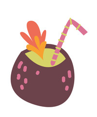 Coconut Cocktail, vector. Isolated on white background. Trending style and color art