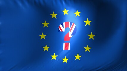 Concept of Brexit flag waving as a full background. European Union flag with United Kingdom flag as a question mark.