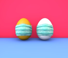 Easter eggs in medical masks on a blue floor-protection from the coronavirus. The concept of health. Easter illustration
