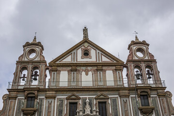 Architectural fragments of Baroque Palacio de la Merced in Cordoba Plaza de Colon. Palacio de la Merced built in XVIII century; it was monastery of Mercedarian monks. Andalusia, Cordoba, Spain.