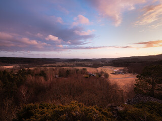 Landscape of rural countryside at sunset in early spring. Shot in Bohuslän, Sweden, Scandinavia