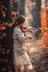 A beautiful girl with long hair plays the violin in the autumn forest.