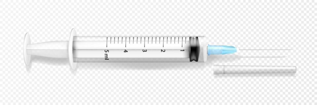 Realistic medical disposable syringe with needle. Applicable for vaccine injection, vaccination illustration. Plastic empty open syring. Vector 3D realistic