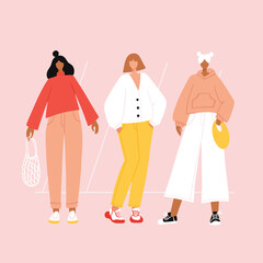 Group of diverse modern women wearing trendy clothes. Casual stylish street fashion outfits. Girl power concept. Hand drawn characters colorful vector illustration.