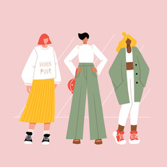 Collection of diverse modern women wearing trendy clothes. Casual stylish street fashion outfits. Girl power concept. Hand drawn characters colorful vector illustration.