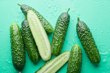 Set of fresh whole and sliced cucumbers on a green background with water drops. Garden cucumber wallpaper backdrop design