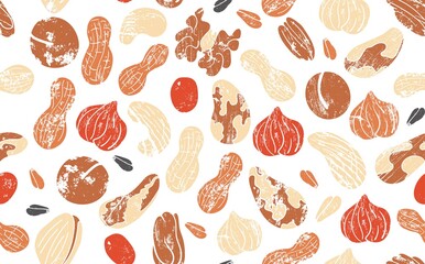 Vector Seamless Pattern with Various Nuts and Seeds. Texture with almonds, hazelnut, walnut, peanut, cashew,  pistachio on black background.