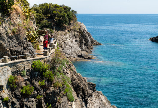 Monterosso,Liguria,Italy,June 2020. La via dell'amore panoramic path that connects the Cinque Terre: an amazing corner of coast with crystal clear waters and wild nature. Beautiful summer day,tourists