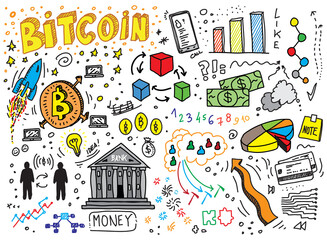 Bitcoin hand drawn vector doodles