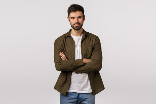 Professional, Recruitment And Motivation Concept. Daring And Confident Good-looking Bearded Guy Standing Assertive, Hands Crossed Over Chest, Ready Take Action, Look Determind, White Background