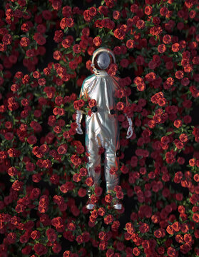 astronaut lying in flowers 