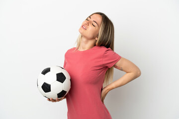 Young football player woman over isolated white wall suffering from backache for having made an effort