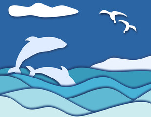 Blue Paper cut nature water background with waves and dolphins