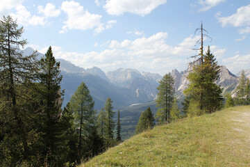 Nice view of the mountains. Green Forest. Blue sky with clouds. Alpine panorama