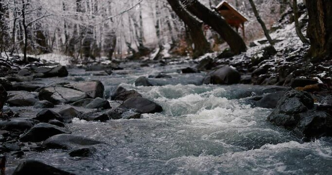 cold mountain waters flowing through rocky rapids creating a seething stream in winter forest, under a magical snow fall