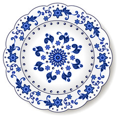 Porcelain plate with blue on white abstract oriental ornament in Chinese design style. Traditional decorative pattern with flowers and leaves. Isolated plate or dish, vector illustration