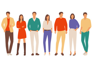 Obraz premium Set of young men and women, different colors, cartoon character, group of silhouettes of standing business people, students, the design concept of flat icon, isolated on white background