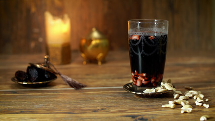 Arabian juice of jallab with nuts served in holy month of Ramadan