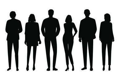 Vector silhouettes of  men and a women, a group of standing  business people, black  color isolated on white background