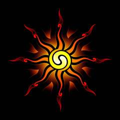 Sacred spiritual symbol of solar energy and sun power. Psychedelic mandala in style visionary art. Abstract spirals and fire on black background. Vector.