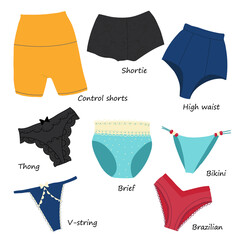 Color illustration of different kinds woman panty in flat style. Push-up, classic, sporty, balconette, triangle and top bras. It can be used as icons or design elements.