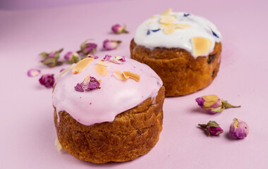 Homemade puff pastry with raspberries. Sweet tasty dessert. Decorated with flowers
