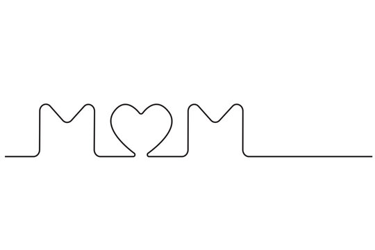 Mather`s Day continuous one line drawing on white. Festive card line art style with heart and word mom.	