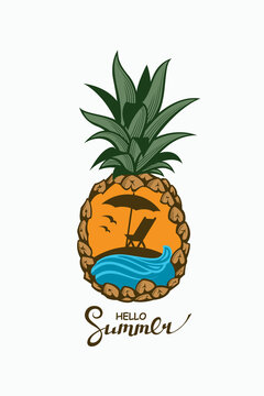 emblem of pineapple tropical fruit with sea, lounge and umbrella